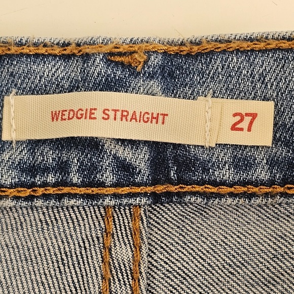 Levi's Wedgie Straight Blue Jeans Distressed Raw Hem Button Fly Women's Sz 27 - Picture 9 of 16